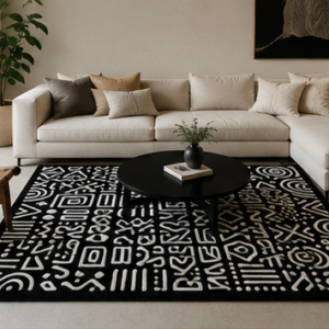 Beautifull, black and white carpet with nice geometric pattern.